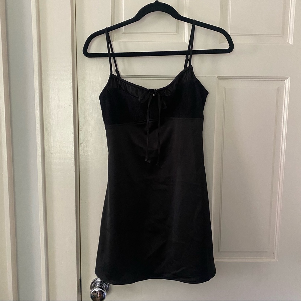 Black Satin Slip Dress with Tie Front